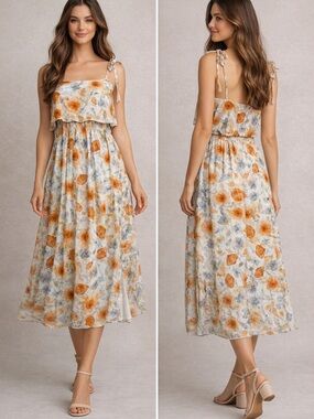 Storia Stunning Water Paint Floral Tie-Strap Midi Dress with Side Slit